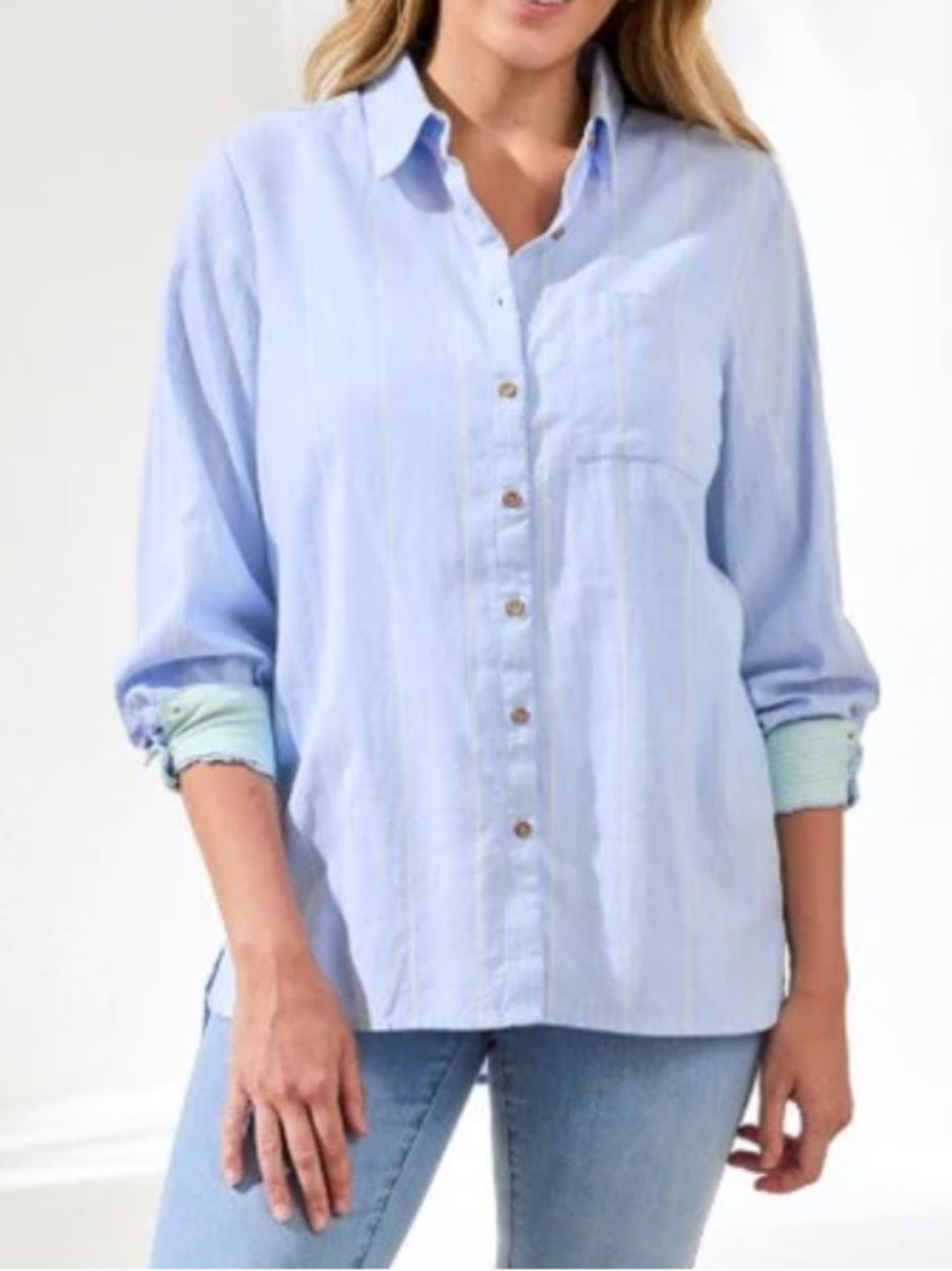 Tribal - Light Chambray Blue Button Shirt with Yellow Pinstripes - Size: Small